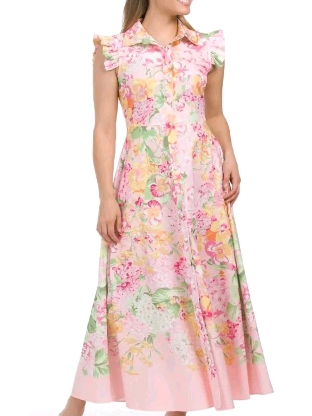 Nwt Large & Medium Dalia  Macphee  Pink Floral Midi Dress with Collar & Ruffle